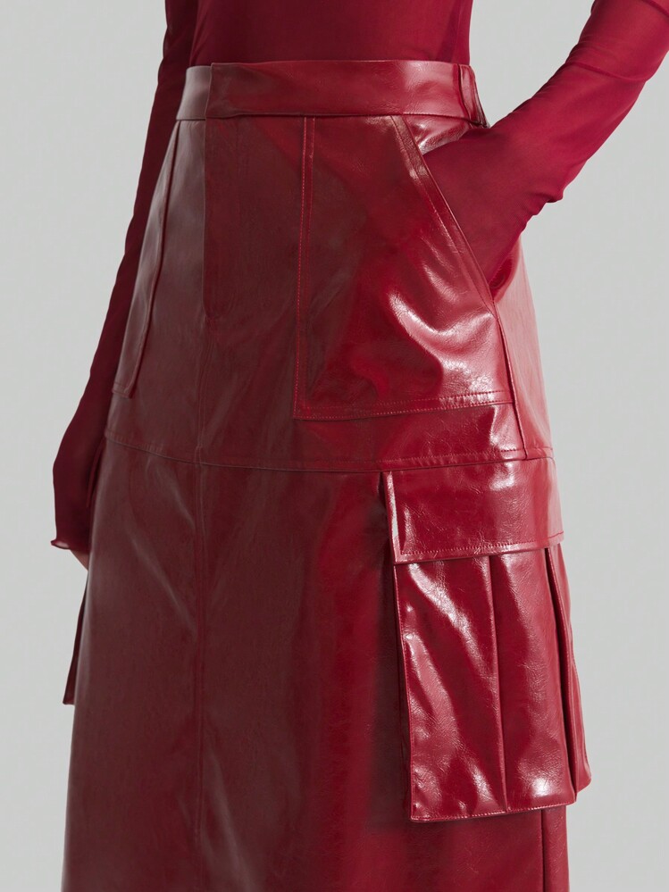 Ontre Falda acampanada roja de cintura alta con bolsillo grande, de estilo urbano retro, diseño minimalista de moda, adecuada para primavera y el Día de San Valentín - Burdeos - Añade 8