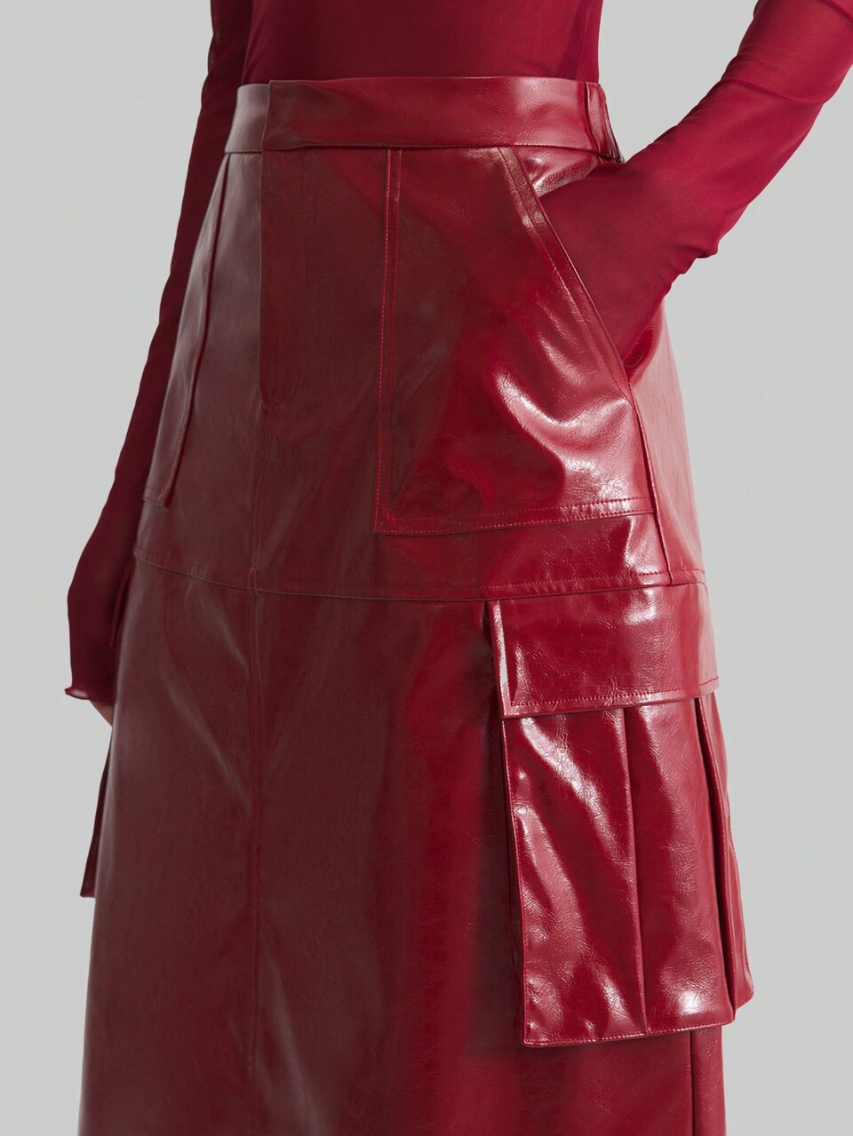 Retro Urban Style, Large Pocket, Red Flare Skirt For Women, High-Waisted, Fashionable Minimalist Design, Suitable For Spring And Valentine's Day