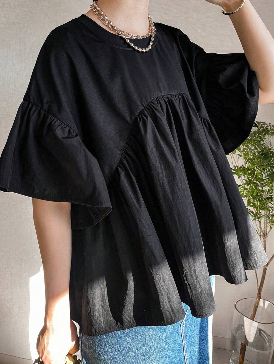 FRIFUL Women's Loose Patchwork T-Shirt, Summer Top - Black - View 1