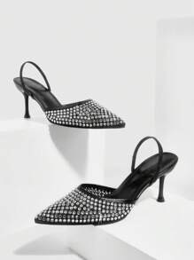 CUCCOO SZL Pointed Toe Crystal Decor Hollow Back Mesh Sexy Elegant High Heel Women Pumps Spring Shoes Spring Break Easter Prom Heels - Black - View 9