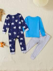 SHEIN 3 件套男婴休闲可爱激光数码图形字母动物印花长袖上衣 + 纯色裤子 + 拉链数码印花动物长袖连体裤，舒适连体裤装 - 彩色 - 查看 2