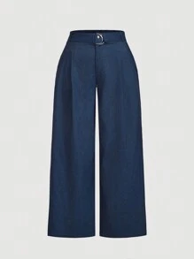 SHEIN MOD 大码女式高腰牛仔效果阔腿裤，褶皱高腰阔腿牛仔裤，Y2k 裤 - 水鴨藍 - 查看 1