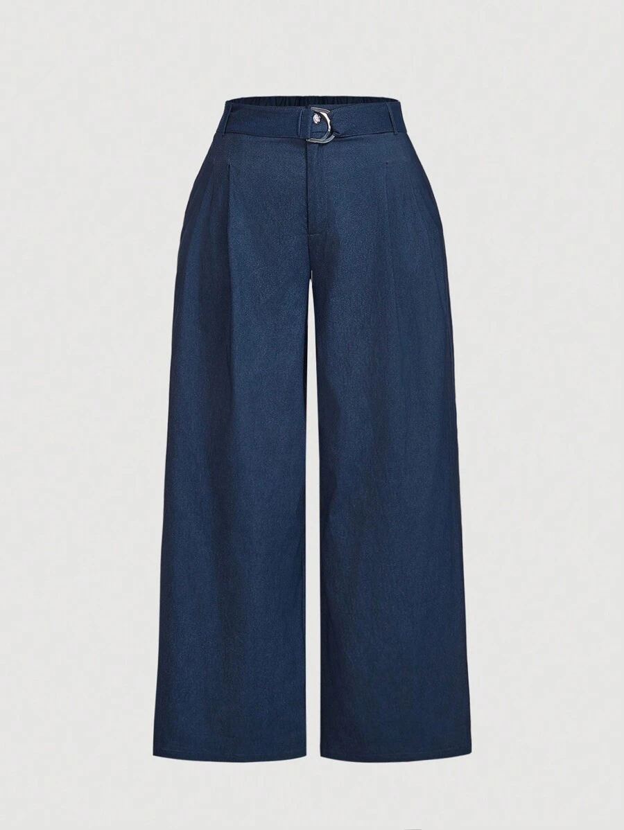 SHEIN MOD 大码女式高腰牛仔效果阔腿裤，褶皱高腰阔腿牛仔裤，Y2k 裤 - 水鴨藍 - 查看 1