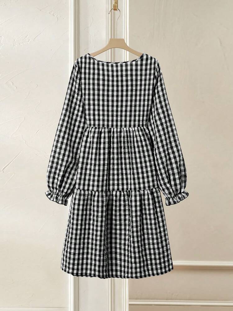 Women Plaid Round Neck Long Sleeve Pleated Casual Dress Spring Clothes