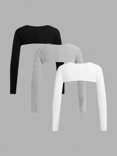 SHEIN BASICS 3pcs/Set Women Casual Solid Color Knitted Cropped Crew Neck Tops/Summer