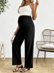 SHEIN Maternity Black Straight Leg Pants With Ankle Slits & Adjustable Length - Black - View 4