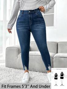 SHEIN PETITE CURVE 女士加大码蓝色弹力牛仔紧身裤 - 藍色 - 查看 1