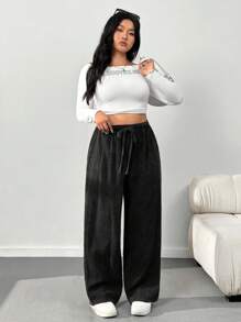 SHEIN EZwear 大码前系带口袋简约休闲宽松度假裤 - 彩色 - 查看 3