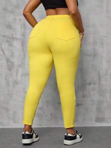 SHEIN SXY Plus Size Women Stretchy Yellow Distressed Skinny Jeans