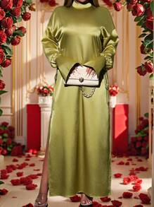 Slaydiva Women's Green Shiny Satin A-Line Split Hem Loose Dress, Suitable For Winter & Summer, New Year, Valentine's Day - Mint Green - View 2