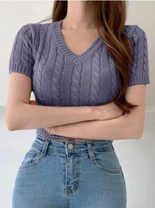 DAZY Women V-Neck Cable Knit Short Sleeve Crop Top, Light Grey-Purple, Spring/Summer
