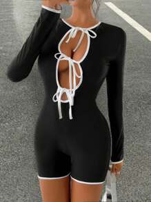 Chiquease Sexy Long Sleeve Lace-Up Colorblock Skinny Jumpsuit For Women