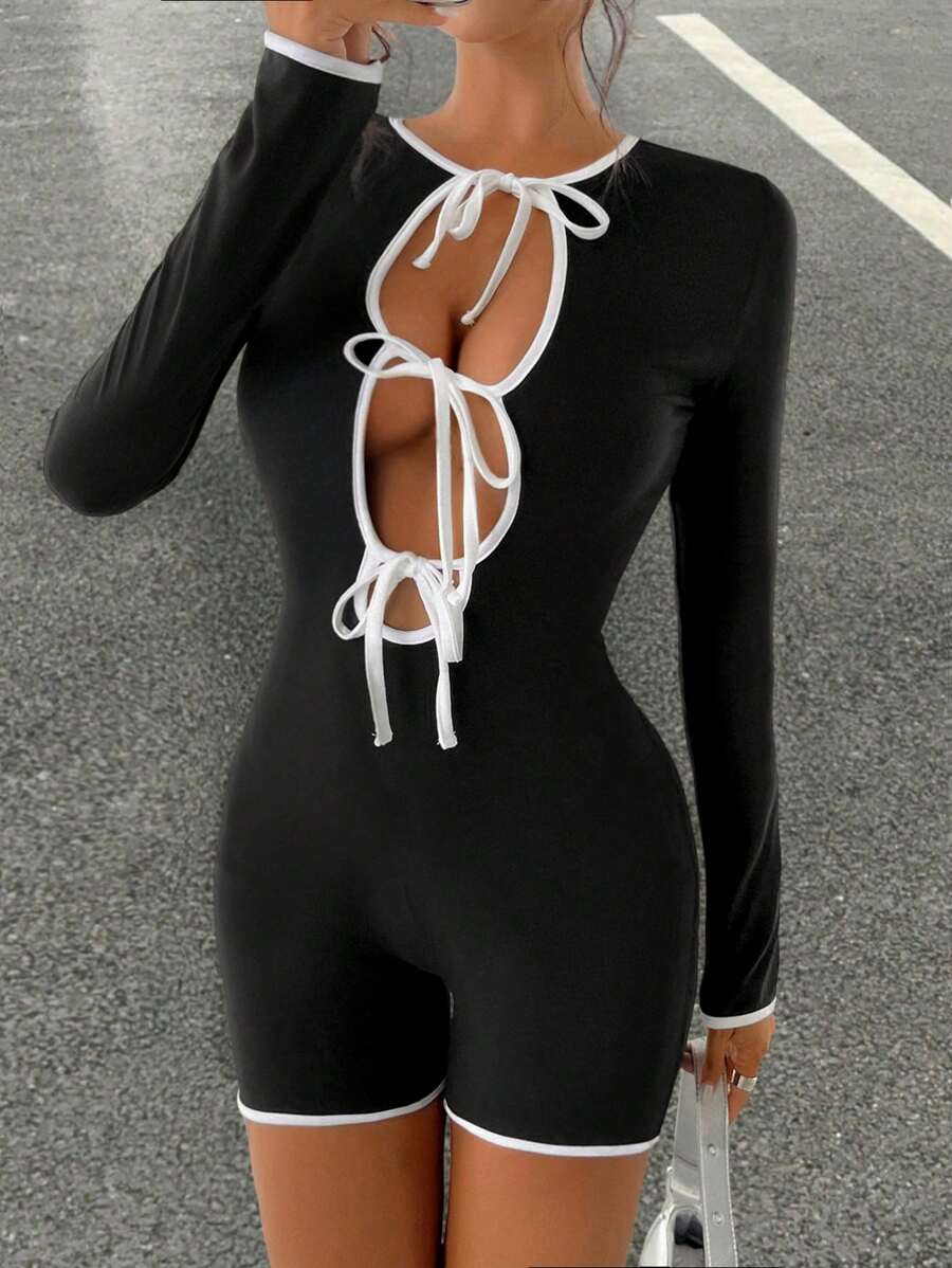 Chiquease Sexy Long Sleeve Lace-Up Colorblock Skinny Jumpsuit For Women