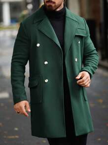 Manfinity Homme 男士休闲纯色双排扣针织大衣，秋冬外出大衣，送给朋友，丈夫，男朋友的礼物，男士长款大衣，男士绿色大衣，男士冬季大衣 - 墨綠色 - 查看 7