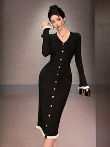 DAZY Two-Tone Frill Trim Women's Knitted Sweater Dress,Fall Clothes - Black - View 6