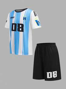 SHEIN Leap Crew Tween Boy Loose Fit Sports Outfit, Graphic Short Sleeve T-Shirt And Shorts 2 Pieces Set, Suitable For Basketball, Outdoor Sports, Fitness - White - View 12