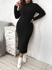 SHEIN VCAY Plus Size Solid Color Stand Collar Long Sleeve Casual Slim Fit Dress - Black - View 1