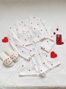 Comfortcana Bộ 2 món quà tặng ngày lễ tình nhân cho phụ nữ, áo dài tay buộc dây hình trái tim và quần short - trắng - Xem 4