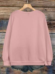 Calvaya 大码女式绵羊字母标语图案印花休闲长袖圆领套头衫，秋冬 - 藕粉色 - 查看 2