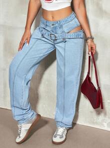 SHEIN EZwear Quần denim rách hở lưng thiết kế khóa cài cổ điển cho nữ - Rửa nhẹ - Xem 6