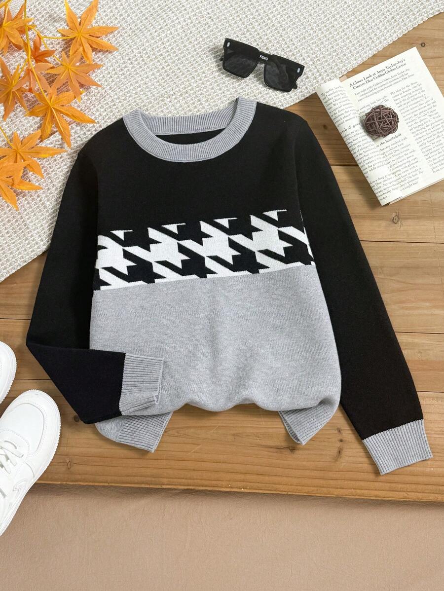 1 pieza Suéter de punto estilo coreano a cuadros patchwork para niña preadolescente, cuello redondo, negro y gris, apto para otoño/invierno - Negro - Ver 1
