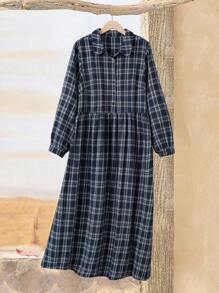 EMERY ROSE Plus Size Women Plaid Long Sleeve Button Down Leisure Shirt Dress For Fall, Winter Women Clothes