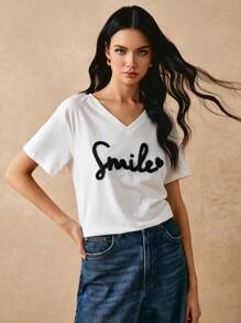 Poéselle Heart & Letter Pattern Drop Shoulder Tee Summer Tops Vacation Clothes - Black - View 1