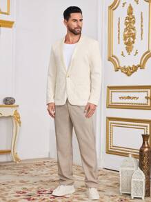 Calvornis Men's Casual Suit Set, Simple Fashionable Everyday Shirt And Pants - Apricot - View 3