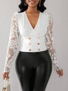 SHEIN Clasi Women's Solid Color Front Button Long Sleeve Casual/Work Minimalist Blouse - Red - View 6