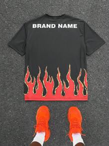 Manfinity EMRG 男士休闲字母与火焰印花圆领短袖 T 恤