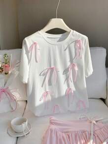 Comfortcana Plus Size Loose Fit Round Neck Romantic 3D Bow T-Shirt, Spring/Summer - White - View 3