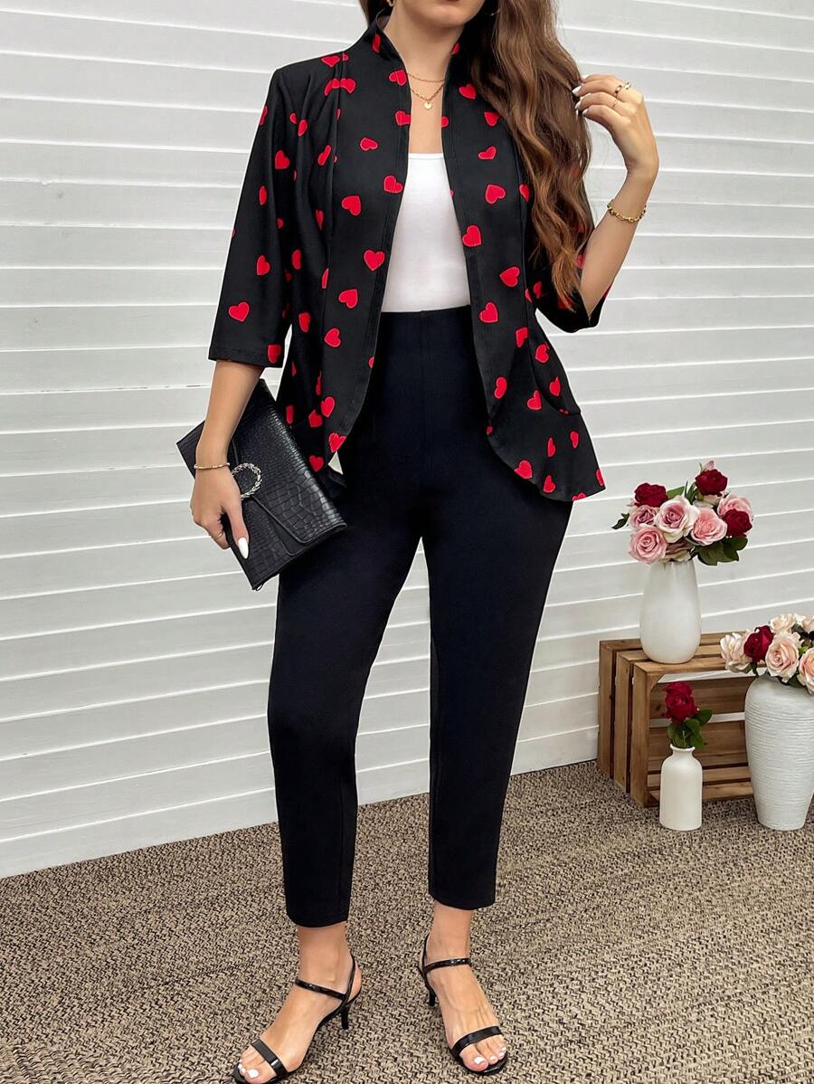 SHEIN LUNE 2pcs/Set Plus Size Casual Heart Print Jacket And Pants Set Valentines Spring Clothes Summer Clothes Spring Outfits For Women Vacation Outfits Woman - Multicolor - View 1