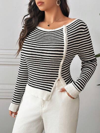 SHEIN Frenchy Plus Size Crew Neck Long Sleeve Striped Button Casual Pullover Sweater