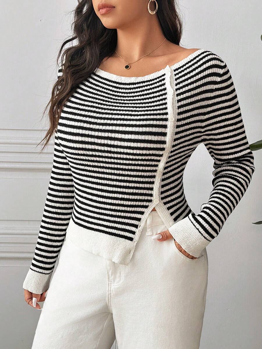 SHEIN Frenchy Plus Size Crew Neck Long Sleeve Striped Button Casual Pullover Sweater Fall/Winter - Black and White - View 1