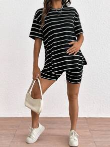 SHEIN 2pcs/Set Maternity Round Neck Striped Simple Top And Shorts Set - Black and White - View 7