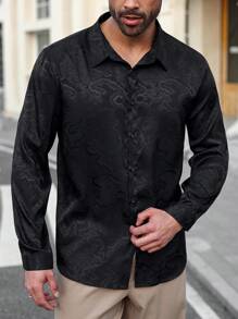 Manfinity Homme Plus Size Front Button Placket Long Sleeve Casual Blouse, Everyday Wear - Black - View 3