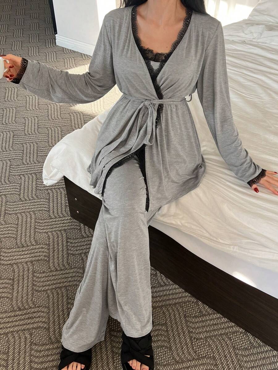 DAZY 3pcs/Set Lace Patchwork Pleat Design Belted Robe, Camisole Top & Long Pants Pajamas Set, Fall Winter Clothes - Grey - View 1