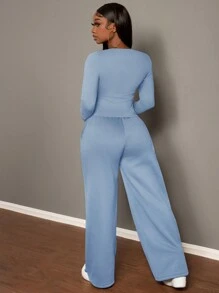 Slaydiva Setelan 2 potong: Celana Olahraga Wanita Kasual Model Lurus dengan Tali Serut Warna Cokelat dan Kaos Lengan Panjang Bergaris Warna Polos, Musim Gugur/Musim Dingin - Biru - View 3