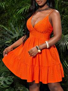 Slaydiva Sleeveless Hollow Jacquard Fabric Fitted Waist High-Low Hem Ruffle Trim Solid Orange Casual Beach Mini Dress - Orange - View 5
