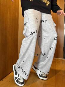 SHEIN Teen Boys' Oversized Casual Sweatpants With Graffiti Print & Pockets, Suitable For Streetwear, Party, Music Festival, Spring & Summer