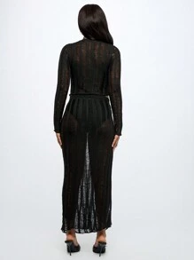 SUMWON WOMEN Distressed Knit Two Piece Set With Crop Top And Maxi Skirt Long Sleeve Party Festival Club Winter Fall Fashion Statement Outfit - Black - View 2