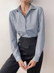 Mulvari 女士春夏条纹印花长袖休闲衬衫女士衬衫、长袖上衣 - 藏蓝色 - 查看 5