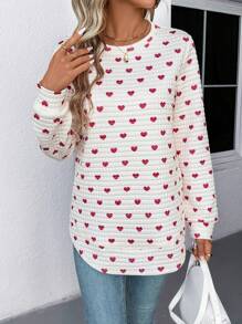 SHEIN LUNE Sudadera de mujer de cuello redondo con estampado de corazón rojo sobre fondo blanco y tela texturizada