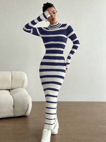 Flirla Casual Versatile Color Block Striped Long Sweater Dress