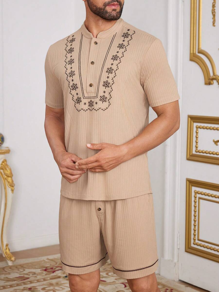 Manfinity Homme Men's Plant Pattern Button Half-Placket Short Sleeve Shirt And Shorts Casual Suit - Khaki - View 1