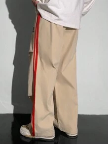 SHEIN Teen Boys Casual Loose Fit Khaki Pants With Oversized English Print, Sporty Street Stylish - Khaki - View 2