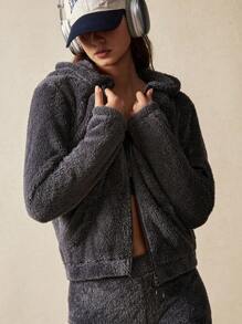 VARSITIE Plush Fabric Warm Zipper Hooded Long Sleeve Casual Women Sports Jackets - Dark Grey - View 3