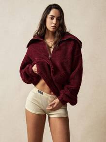 VARSITIE 复古红色大翻领口袋宽松休闲袖口保暖女式运动夹克