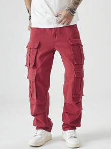 Manfinity EMRG Men's Casual Solid Color Straight Leg Cargo Jeans - Red - View 5