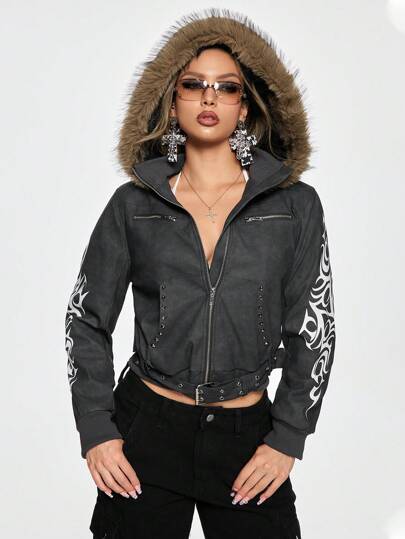 Grunge Punk Y2K Yabi Dark Fitted Jacket With Fluffy & Totem Print, Winter